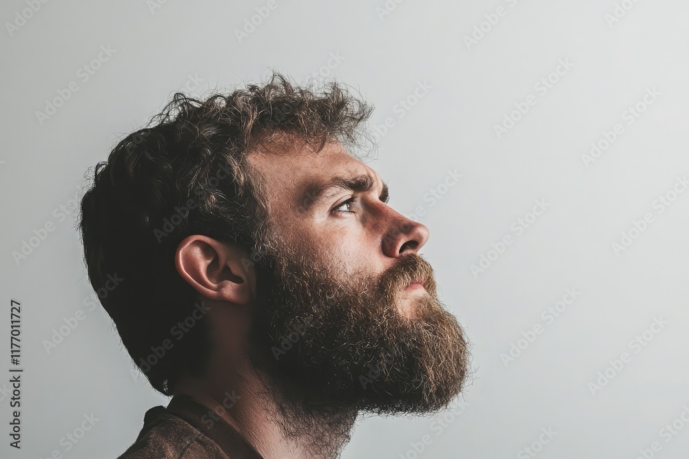 Obraz premium Side profile of a bearded man looking into the distance, with ample copy space on a minimalist background