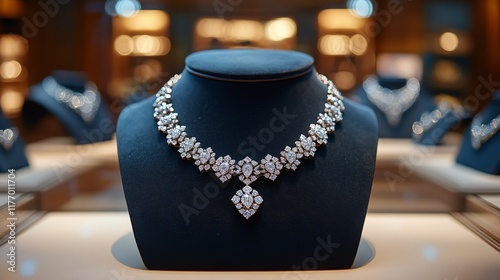 Elegant diamond necklace on display at a luxury jewelry store in the evening