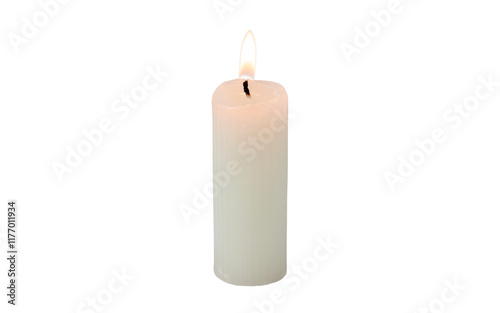 Burning ribbed pillar wax candle isolated transparent png photo