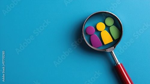 Analyzing group dynamics through magnifying glass creative workspace graphic design colorful environment top-down view collaboration concept