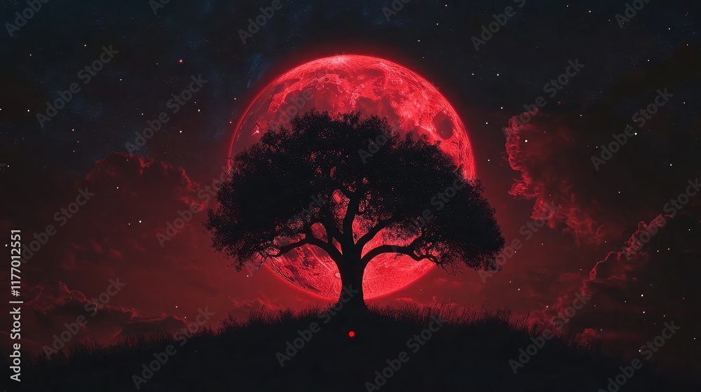 Naklejka premium Silhouette of a lone tree with dark branches beneath a radiant red moon in the night sky