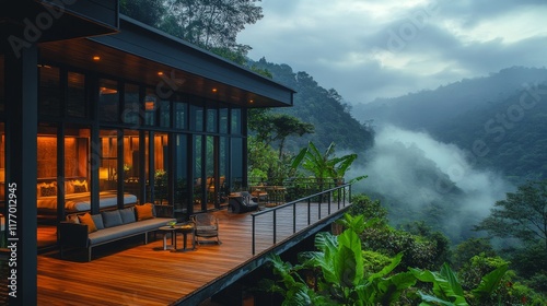 Modern cabin overlooking misty mountains at dusk in a serene forest setting