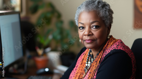 An informal shot of a relaxed professional older black woman smiling warmly to camera in her office, natural lighting, wide landscape ratio 16:9