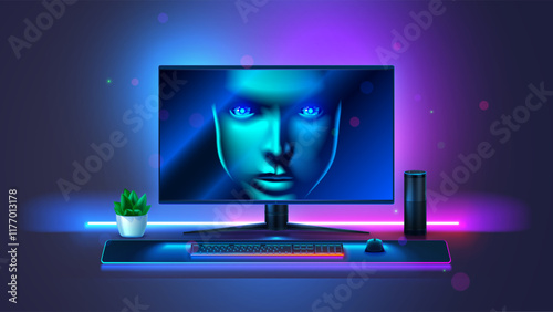 Face of artificial intelligence on computer screen. Gaming computer monitor with keyboard shows an AI face looking at gamer. Modern gaming pc on desk with neon lights. AI look at user from monitor.