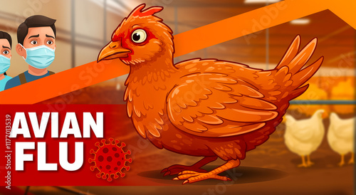 Avian flu, chicken and farm with disease, illness and virus. Poultry, bird and agriculture with outbreak, pandemic and epidemic, infection with health, prevention and danger in illustration or graphic