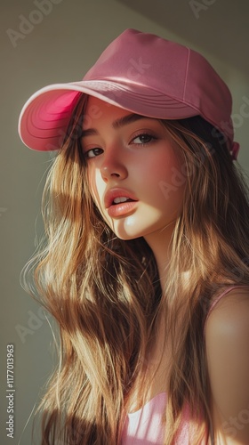 Young woman with blue eyes and freckles wearing a large pink hat in soft ligh...