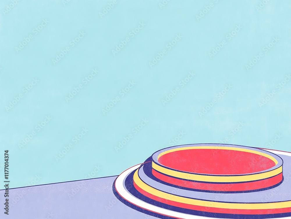 Fototapeta premium Vibrant Pastel Illustration: Layered Circular Platform Mockup against a Calm Blue Background. AI Generated