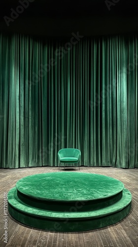 Elegant green velvet stage with circular platform and chair in a dramatic the...