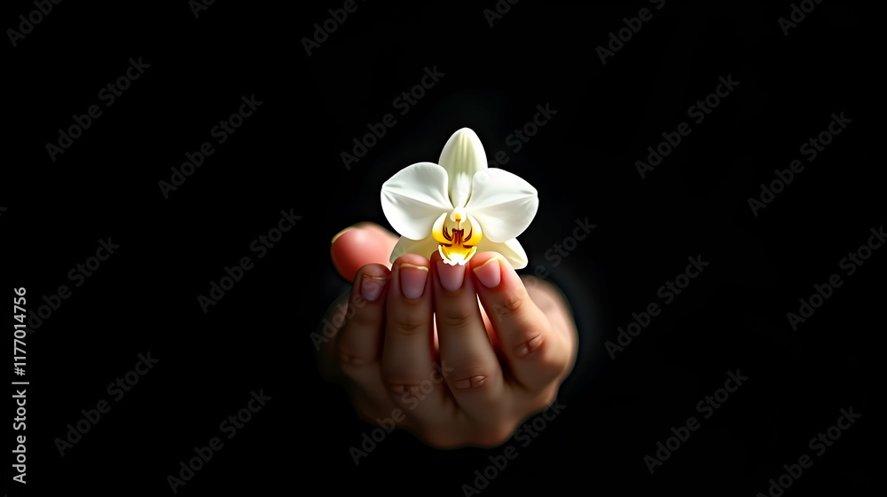 A delicate white orchid, gently cradled in a hand, stands out against a stark black backdrop.  A moment of serene beauty.