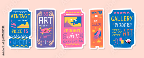 Cartoon Color Art Gallery Museum Exhibition Retro Tickets Stickers Set Concept Flat Design Style. Vector illustration of Admits