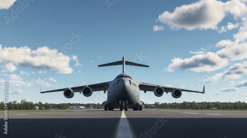 A large military transport aircraft sits on the runway, preparing for takeoff under a clear blue sky. Fluffy clouds drift lazily overhead as the aircraft dominates the scene photo