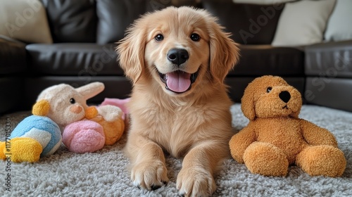 Happy golden retriever puppy playing with stuffed toys in a cozy living room ...