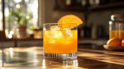 Refreshing orange cocktail served in a glass with ice at a trendy bar during ...