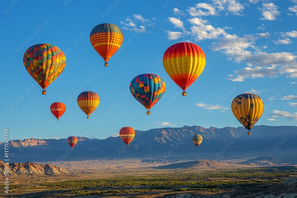 Naklejka premium Colorful hot air balloons soaring above lush green fields during a sunny day