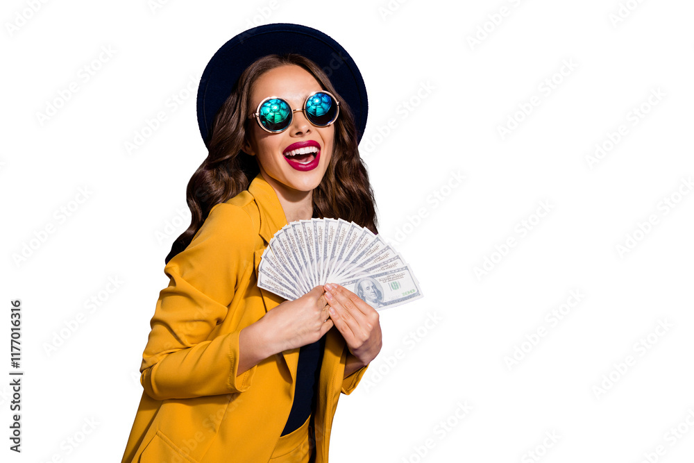 Portrait of her she nice lovely cheerful cheery glad rich wealthy wavy-haired lady holding in hands large budget sum grant lottery win isolated over bright vivid shine violet lilac background Portrait of her she nice lovely cheerful cheery glad rich wealthy wavy-haired lady holding in hands large budget sum grant lottery win isolated over bright vivid shine violet lilac background