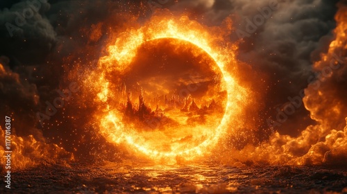 Vibrant fiery landscape within a glowing circular formation at twilight
