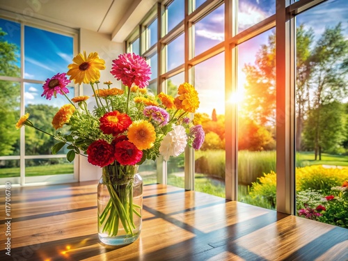 Vibrant Flower Bouquet in Sunlit Architectural Setting