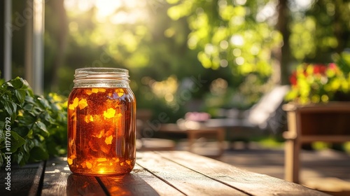 Refreshing lemonade in a jar with sunflowers during golden hour at a peaceful...