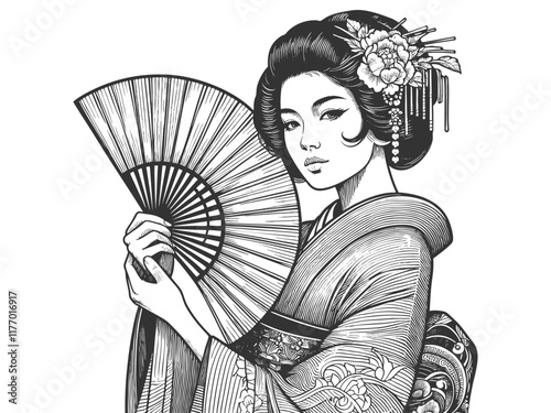  graceful geisha in traditional attire, adorned with flowers and hairpins, holding a decorative fansketch engraving generative ai vector illustration. Scratch board imitation. Black and white image.