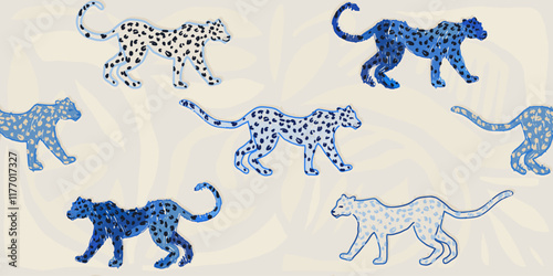 Modern abstract hand drawn print with leopards. Bohemian naive style contemporary seamless pattern. Hand drawn unique print.
