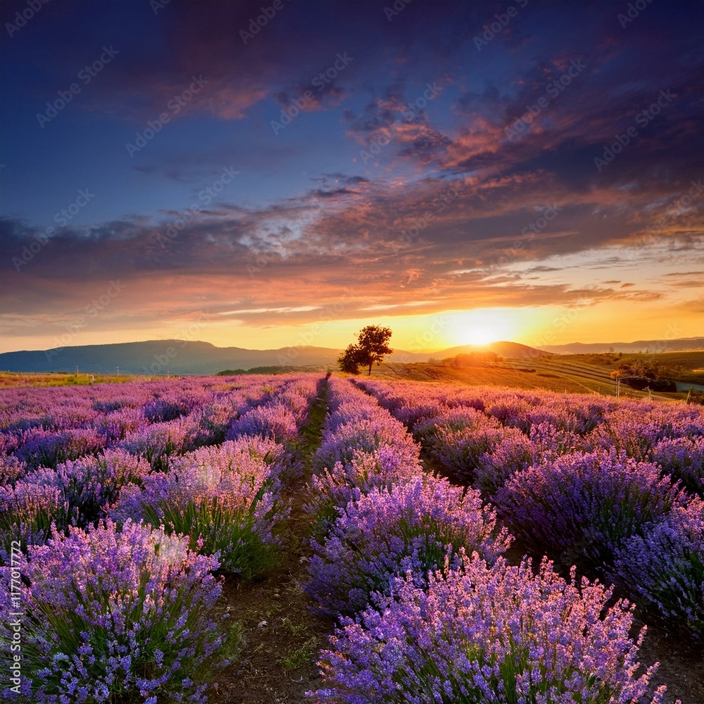 Obraz premium Stunning landscape with lavender field at sunset, Stunning lavender field landscape Summer sunset