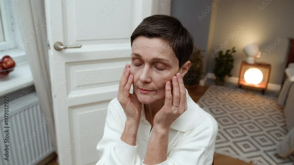 Senior woman sitting at home and spreading cream on face, massaging it. Older handsome woman skin cares using cosmetics products for hydrating Senior woman sitting at home and spreading cream on face, massaging it. Older handsome woman skin cares using cosmetics products for hydrating