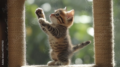Playful kitten reaching up in sunlight near a window