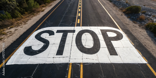 A Striking Perspective of the Word 'Stop' Painted on an Asphalt Road from Above photo