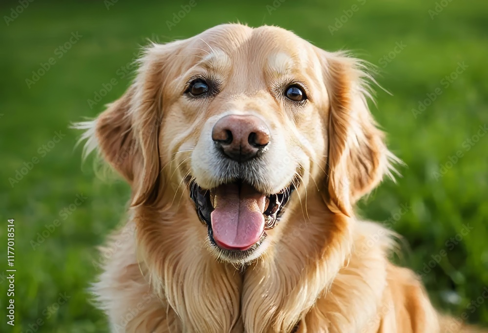 A close-up of a happy golden retriever outdoors, with a big smile on its face A close-up of a happy golden retriever outdoors, with a big smile on its face