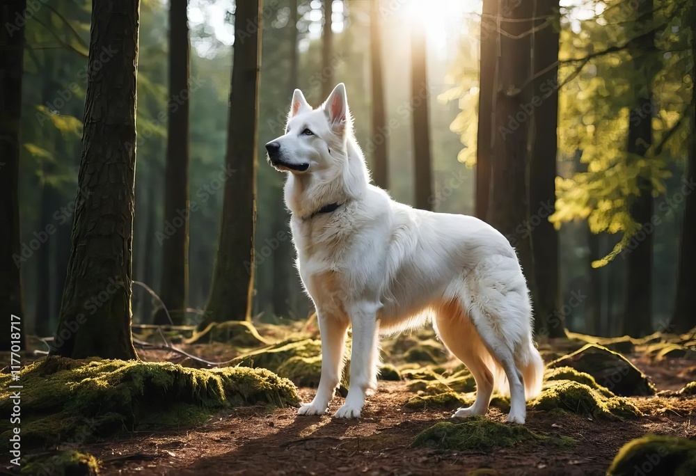 A white Swiss shepherd standing in a forest with sunlight shining through the trees A white Swiss shepherd standing in a forest with sunlight shining through the trees