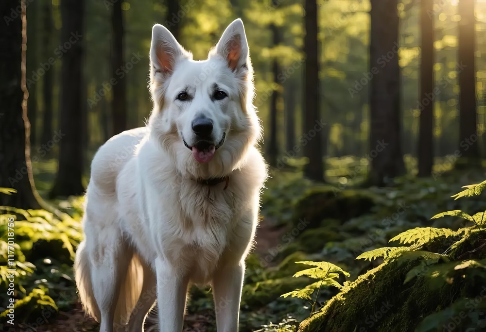 A white Swiss shepherd standing in a forest with sunlight shining through the trees A white Swiss shepherd standing in a forest with sunlight shining through the trees