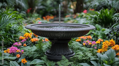 Serene garden water feature surrounded by vibrant orange flowers at midday
