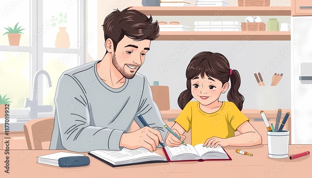 Father and Daughter Doing Homework Together Father and Daughter Doing Homework Together