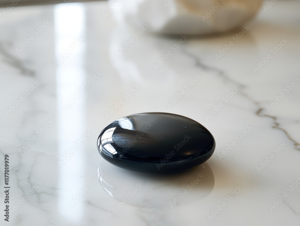A polished black pebble resting on a white marble surface, exuding minimalistic and natural beauty. A polished black pebble resting on a white marble surface, exuding minimalistic and natural beauty.