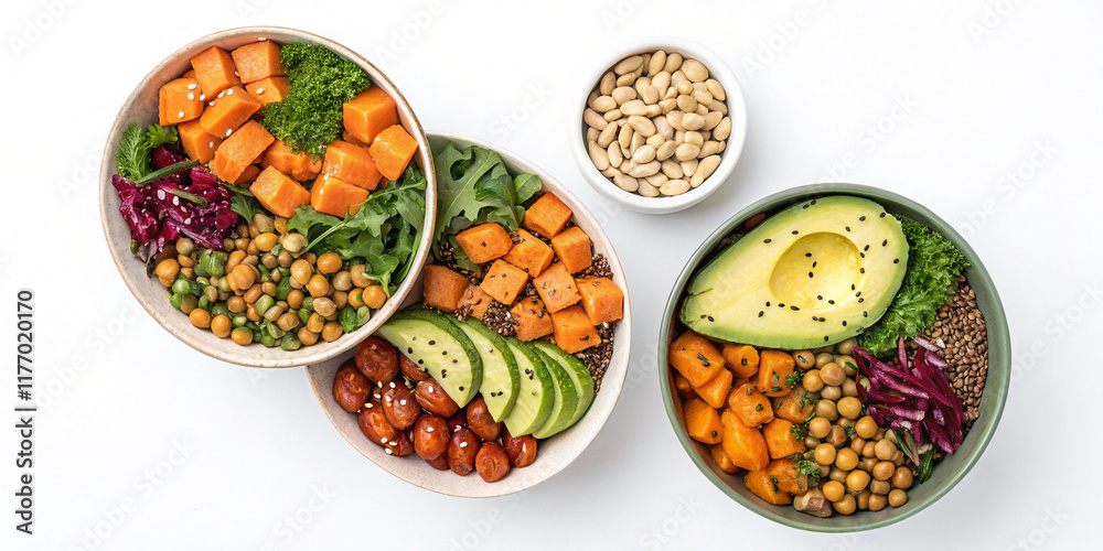 An Inviting Display of Three Vegan Bowls Filled with Sweet Potatoes and Avocado An Inviting Display of Three Vegan Bowls Filled with Sweet Potatoes and Avocado