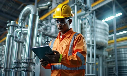 Asian worker checks tablet in industrial plant