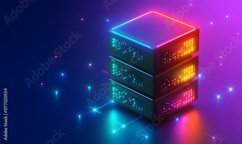 Glowing server stacks with digital dots on deep color background.