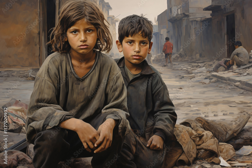 Sad abandoned street children, victim of war. International Day of Street Children. Sad abandoned street children, victim of war. International Day of Street Children.