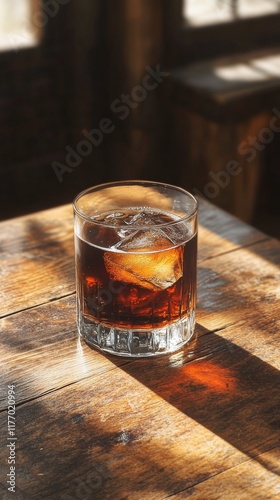 Refreshing glass of cold beverage on rustic wooden table in cozy cafe with na...