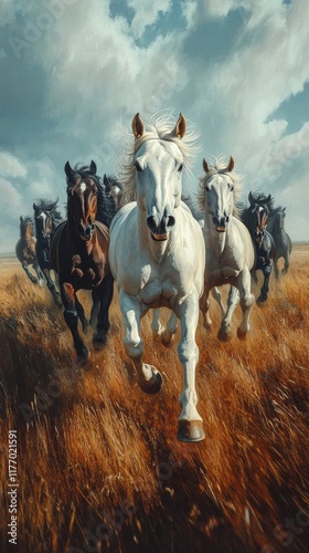 Horses running swiftly through golden fields under a blue sky with fluffy clouds