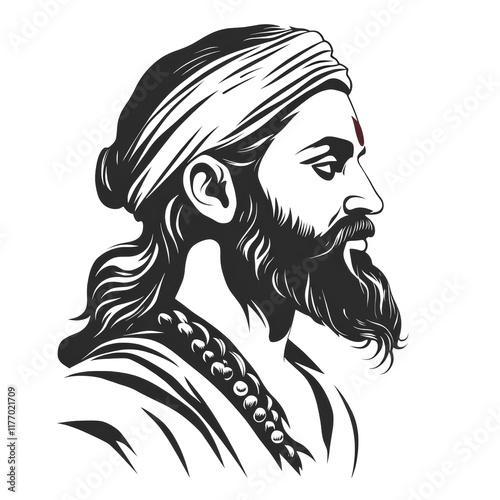 A stylized black and white profile portrait depicts a bearded man with long hair wearing a turban and a beaded necklace. photo