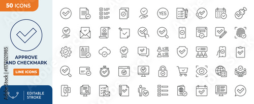 Approve and checkmark line editable icon set