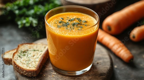 Delicious carrot soup served with wholesome bread on a rustic wooden table