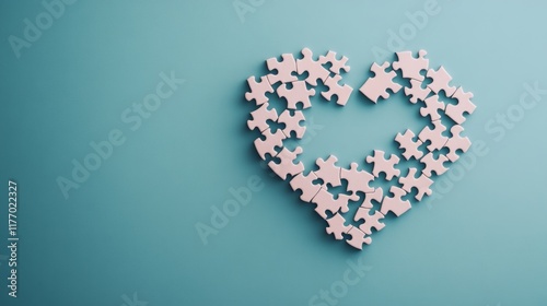 Emotional Regulation concept. Heart shape made of puzzle pieces on a blue background.