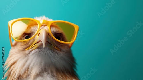 A perspective shot of an eagle glancing upward with bright yellow sunglasses on its beak, against a vivid teal backdrop, emphasizing style and expression.