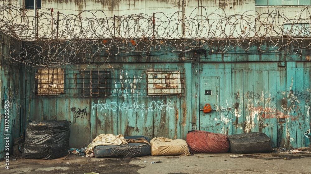 Barriers reflect the stark contrast of poverty and inequality in abandoned urban spaces with visible segregation and neglect Barriers reflect the stark contrast of poverty and inequality in abandoned urban spaces with visible segregation and neglect