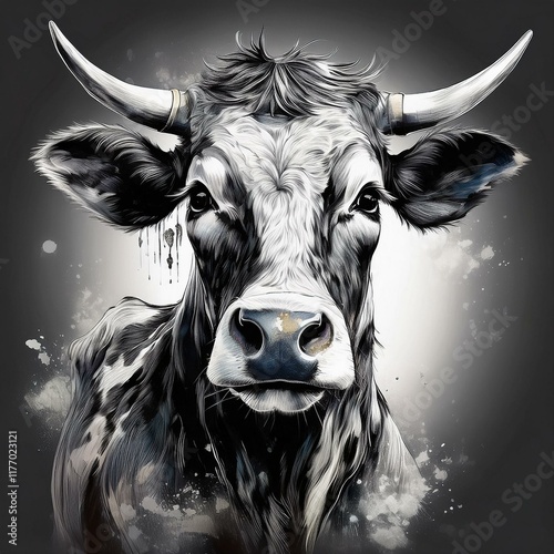 Vivid and colorful digital illustration of a stylized cow, with bright details and a neon effect. Modern and futuristic atmosphere. The design is perfect for creative projects that require a touch and photo