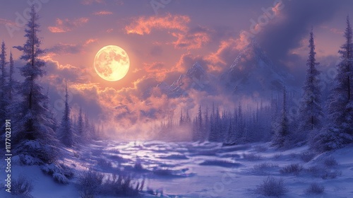 Moonlight illuminating a snowy forest path during a tranquil winter evening