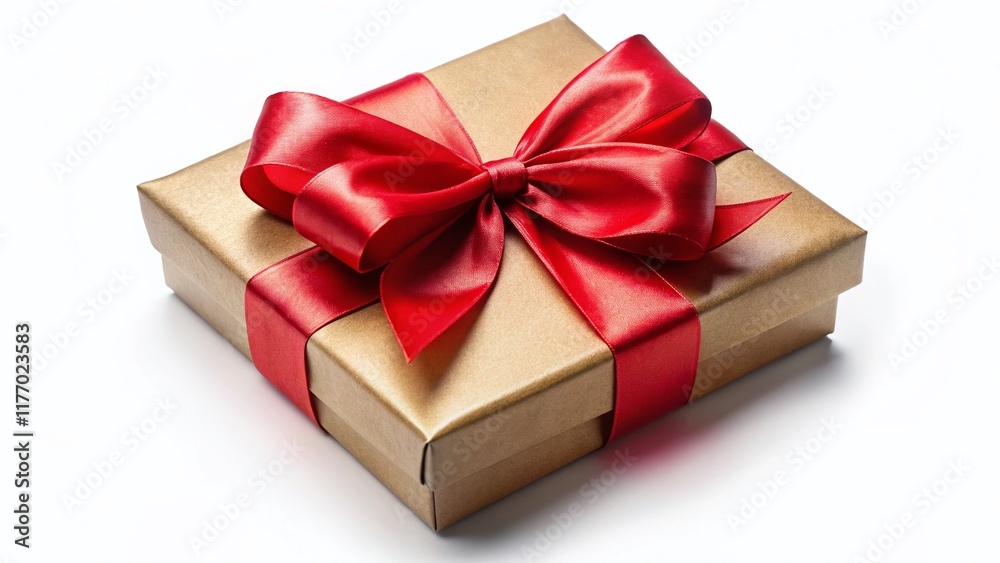 Fototapeta premium Vintage Gift Box with Red Ribbon Bow - Aerial View, Isolated on White Background