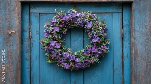 Colorful floral wreath hanging on a blue wooden door in a rustic setting